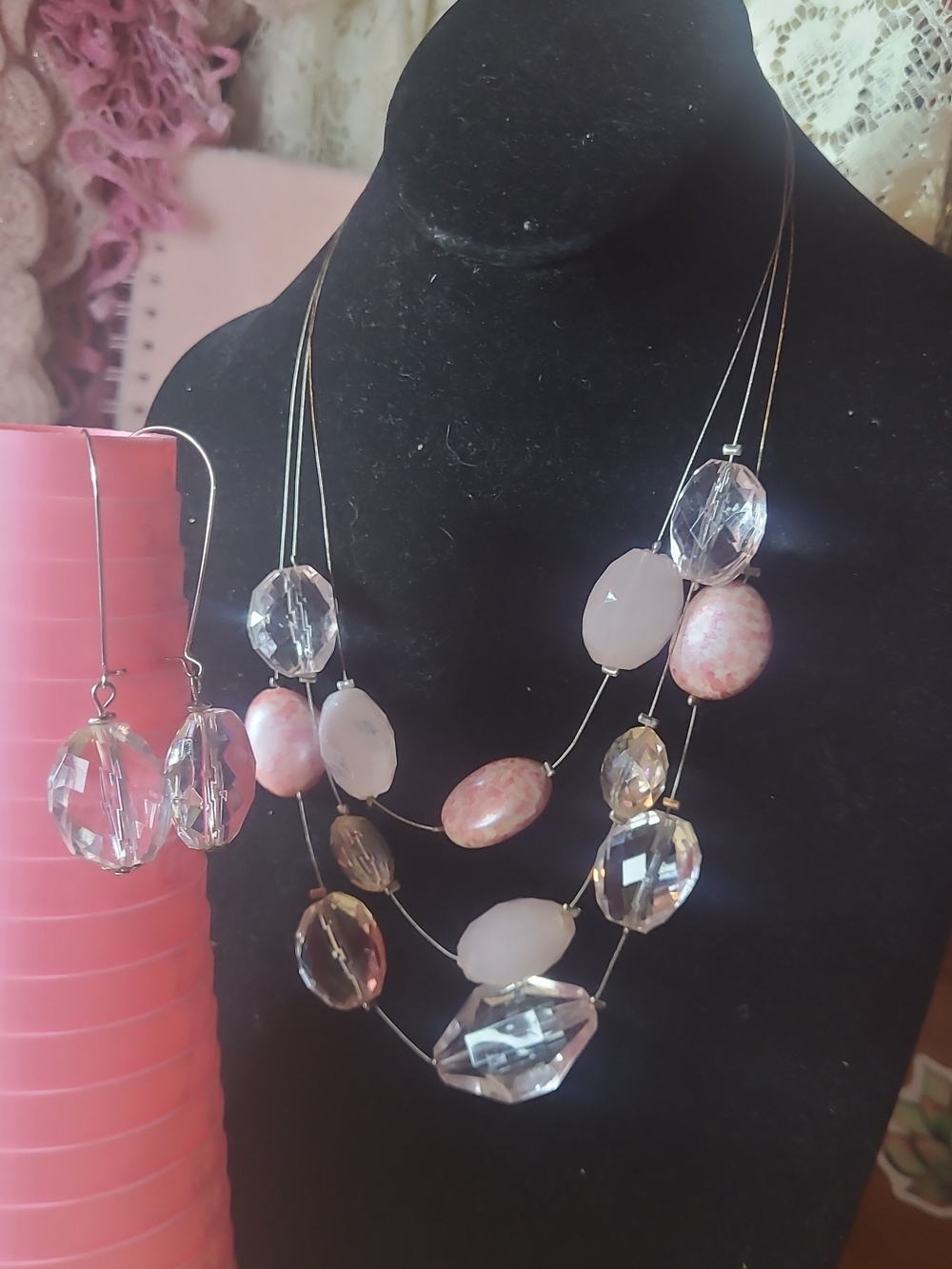 Vintage Pink and Clear Multi-Strand Bead Necklace with Matching Earrings